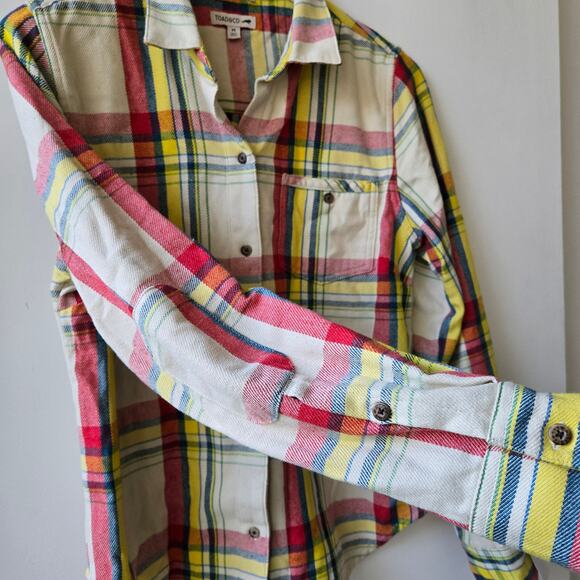 Toad & Co Mojo Plaid Oatmeal Button Up Flannel Long Sleeve Shirt Shacket Medium - Picture 6 of 11